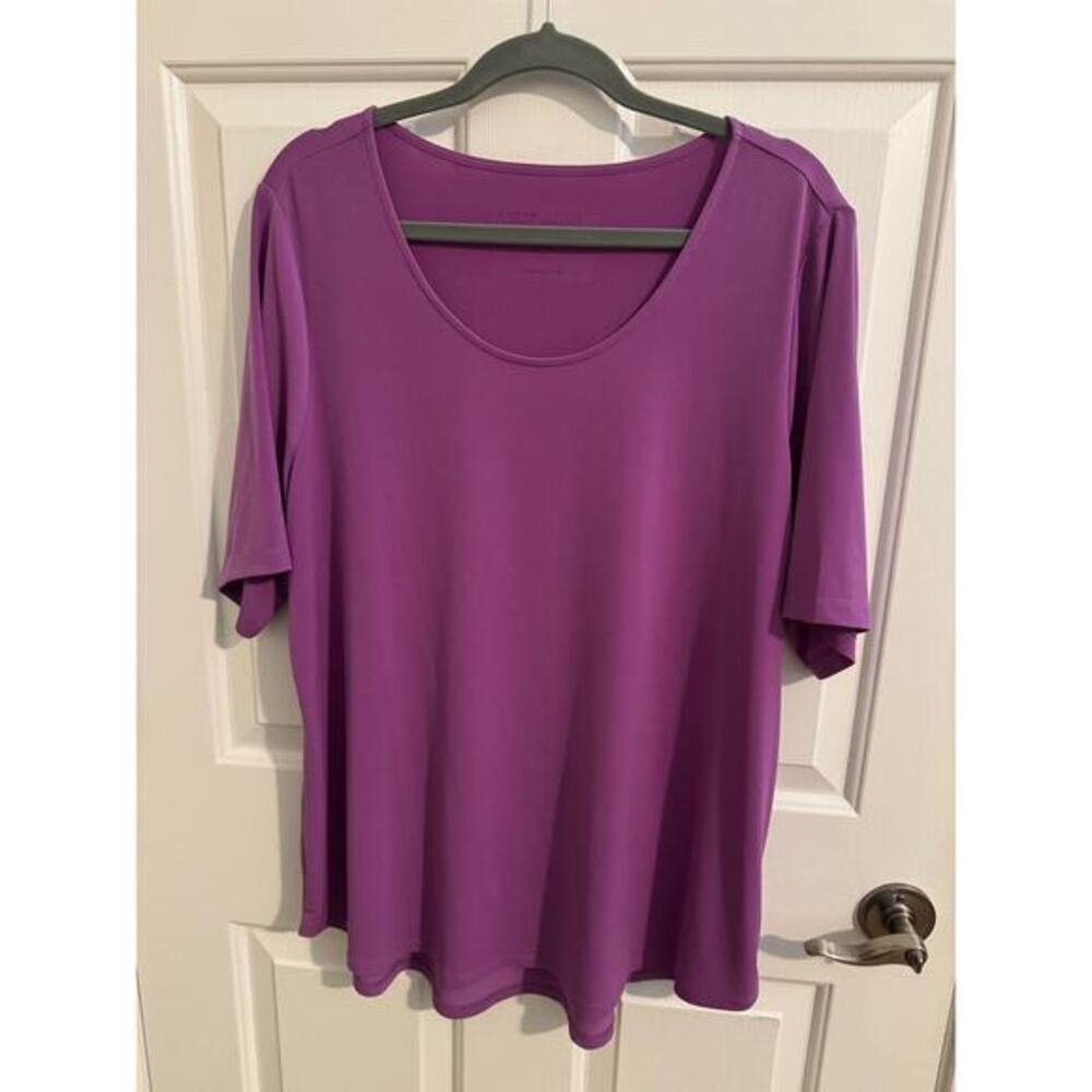 Susan Graver Essentials Short Sleeve Slinky Knit Scoop Neck Top Purple XL
